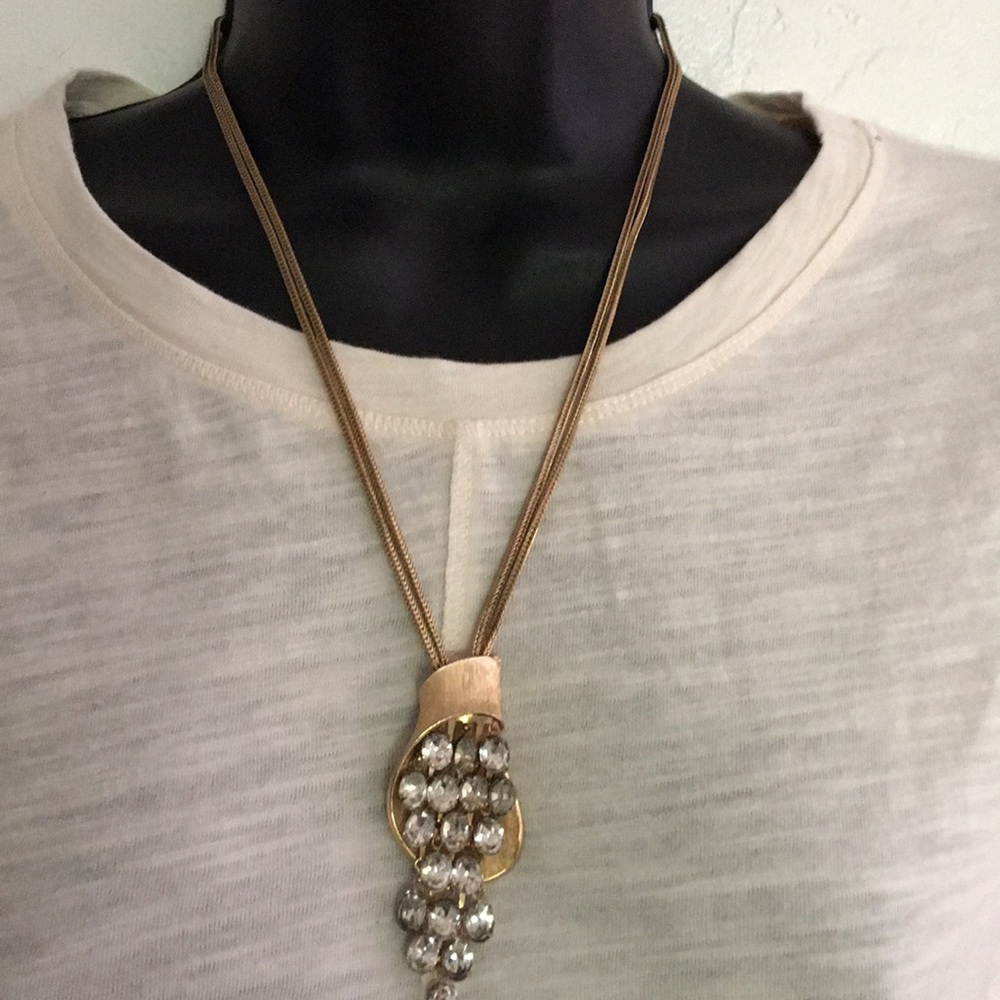 Vintage gold brushed flapper rhinestone necklace - Picture 2 of 5